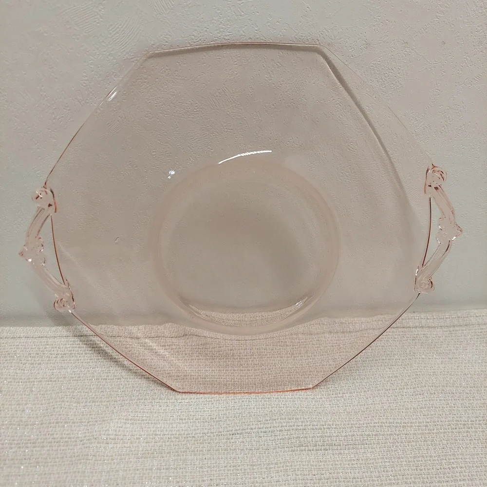 Vintage Pink Depression Glass Hexagon Serving Tray Ornate Handles 12 Inch
